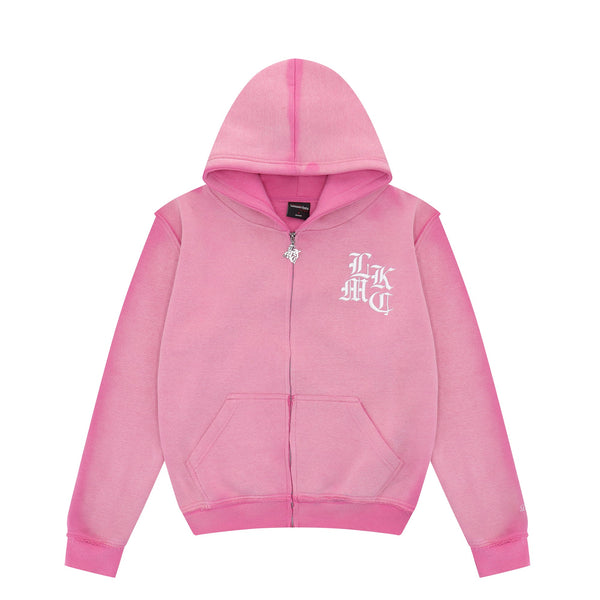 Distressed Zip Hoodie Pink